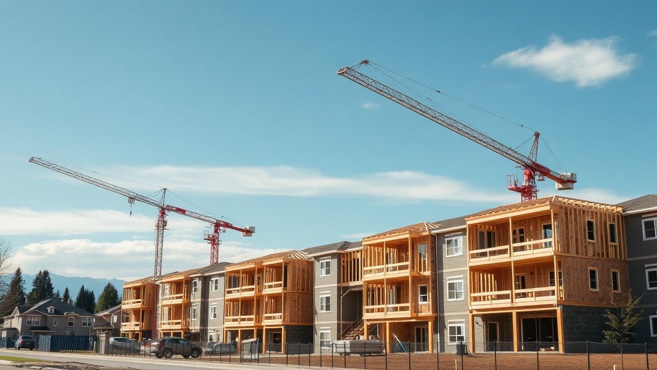 Multifamily apartment building under construction with cranes